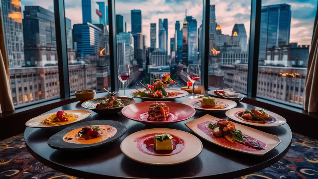 A round table set with various gourmet dishes on elegantly plated entrees, overlooking a city skyline through a large window. The dishes include seafood, meat, and vegetable options, and two glasses of red wine are visible. The cityscape shows tall buildings at dusk.