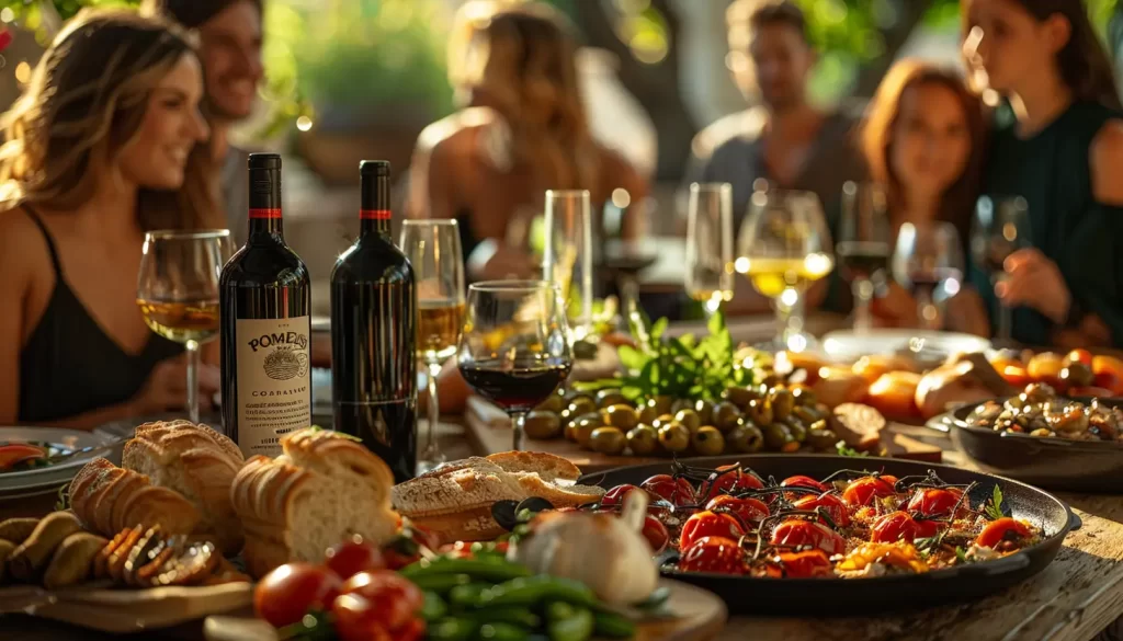 A lively group of people enjoys a meal outdoors at Costa Navarino, with sunlight filtering through trees. A rustic table is filled with vibrant dishes, including roasted vegetables, olives, fresh bread, wine bottles, and various garnishes. Wine glasses and plates are scattered around.