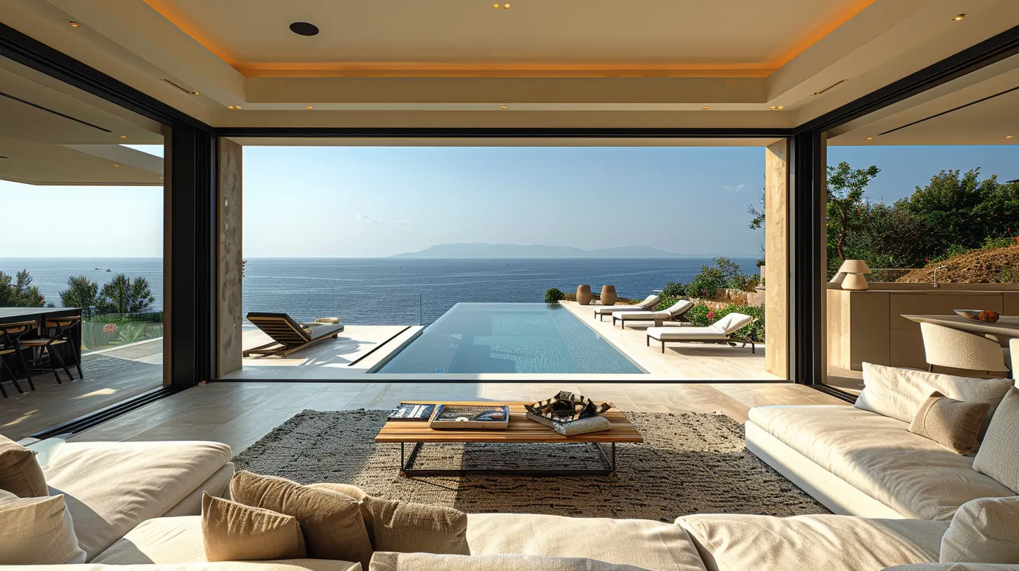 Luxurious living room with open sliding doors overlooking an infinity pool and a stunning Costa Navarino ocean view. The room features cozy white sofas, a wooden coffee table, and outdoor lounge chairs lined up by the pool. Lush greenery frames the serene seaside vista.