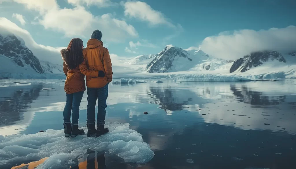 Two people in winter jackets stand on a small ice floe, gazing at the serene, snow-covered mountains across a reflective body of water under a partly cloudy sky. The scene is tranquil and the landscape is majestic and icy.