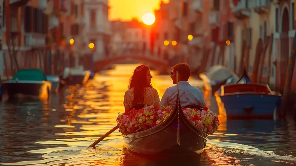 A couple sits in a flower-adorned gondola, gazing at each other as they glide through a canal at sunset. The warm, golden light reflects on the water and the surrounding historic buildings, creating a romantic and picturesque scene.