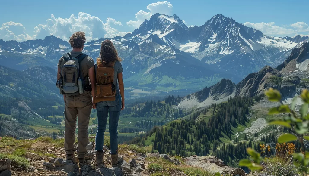 Two hikers with backpacks stand on a rocky ledge, overlooking a stunning mountainous landscape with snow-capped peaks and green valleys. The sky is bright blue with scattered clouds, enhancing the scenic beauty of the rugged terrain.