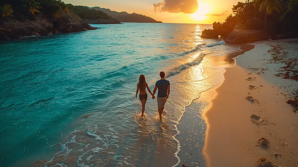 A couple holding hands walks along a tropical beach during sunset, the golden light reflecting off the water and wet sand. To the left, vibrant turquoise waves gently lap at their feet, and lush greenery borders the beach in the distance.