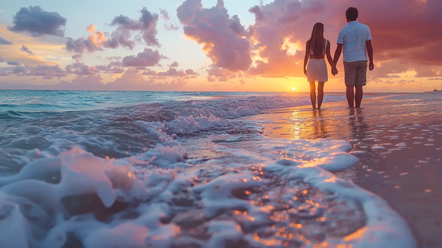 A couple holds hands and walks along a beach at sunset. The sky is a mix of vibrant oranges, pinks, and purples, reflecting off the wet sand and waves. The ocean foam gently touches their feet as they stroll towards the setting sun.