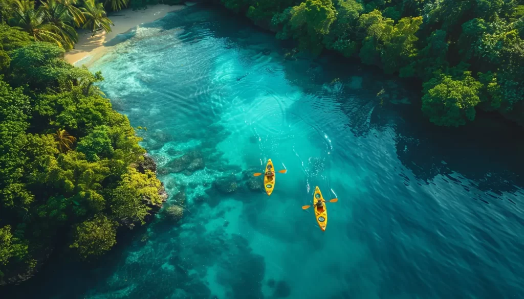 Aerial view of two yellow kayaks with paddlers navigating through clear turquoise water surrounded by lush green trees. A small sandy beach is visible in the background, blending into the vibrant tropical landscape.