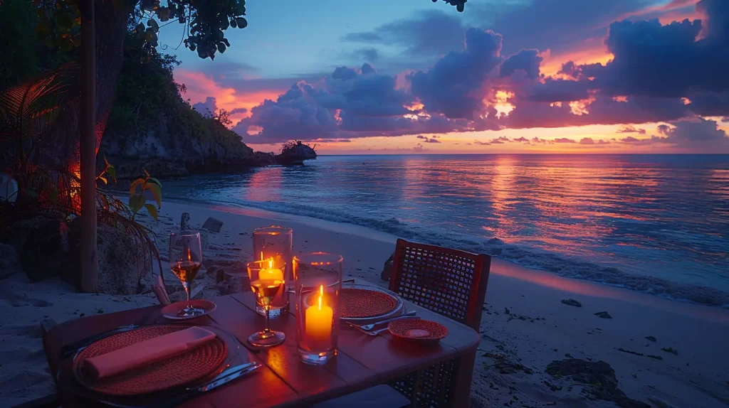 A romantic beachside setting features a wooden table with two chairs, set for dinner with lit candles and glasses of wine. The scene is bathed in the warm colors of a vibrant sunset, reflecting on the tranquil ocean waters, with lush greenery and rocky outcrops in the background.
