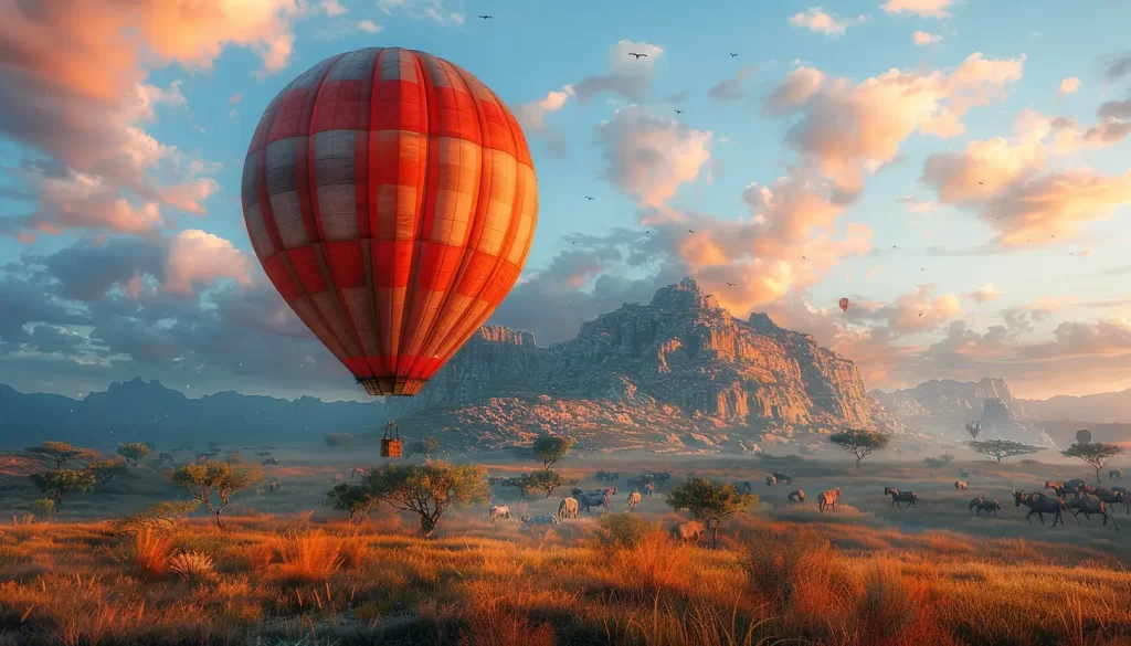 A red and white striped hot air balloon floats over a picturesque landscape at sunset. Below, herds of animals and scattered trees dot the misty grasslands, with a majestic rocky mountain in the background under a sky filled with scattered clouds and birds.