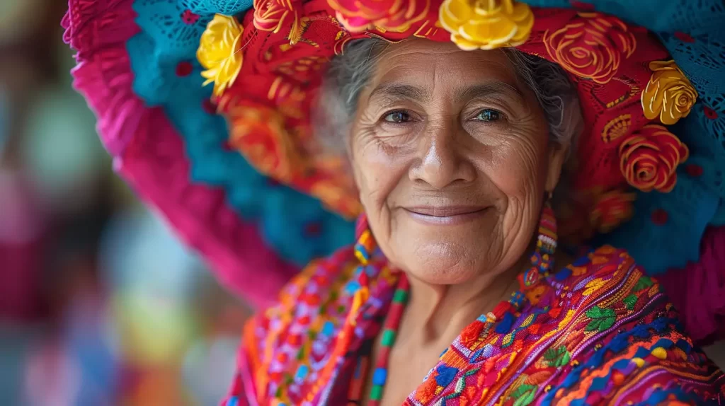A smiling elderly woman wearing a vibrant multicolored hat adorned with yellow flowers and traditional bright clothing. The background is blurred, highlighting her joyful expression and detailed attire.