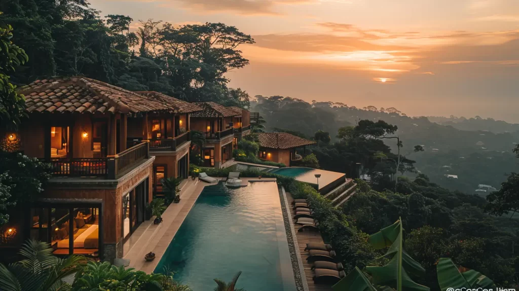 A luxurious hillside resort at sunset features multiple terracotta-roofed villas with warm lighting. An infinity pool runs along the edge facing the scenic view of a lush tropical forest, with the sun setting over a distant horizon. Lounge chairs line the poolside.