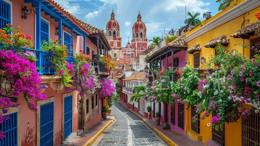 A narrow cobblestone street lined with vibrant, colorful buildings adorned with hanging bougainvilleas in pink and purple hues. At the end of the street, two ornate church towers rise against a partly cloudy blue sky. Palm trees dot the background.