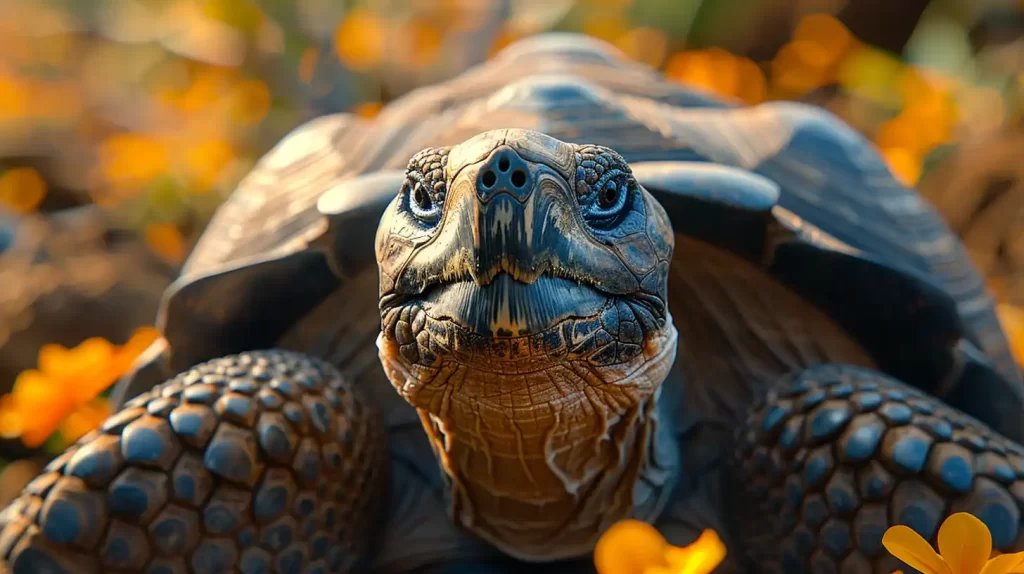 Close-up of a tortoise surrounded by vibrant yellow and orange flowers. The tortoise's detailed, textured skin and shell are prominent, and it appears to be gazing directly at the camera, creating an intimate and engaging perspective.