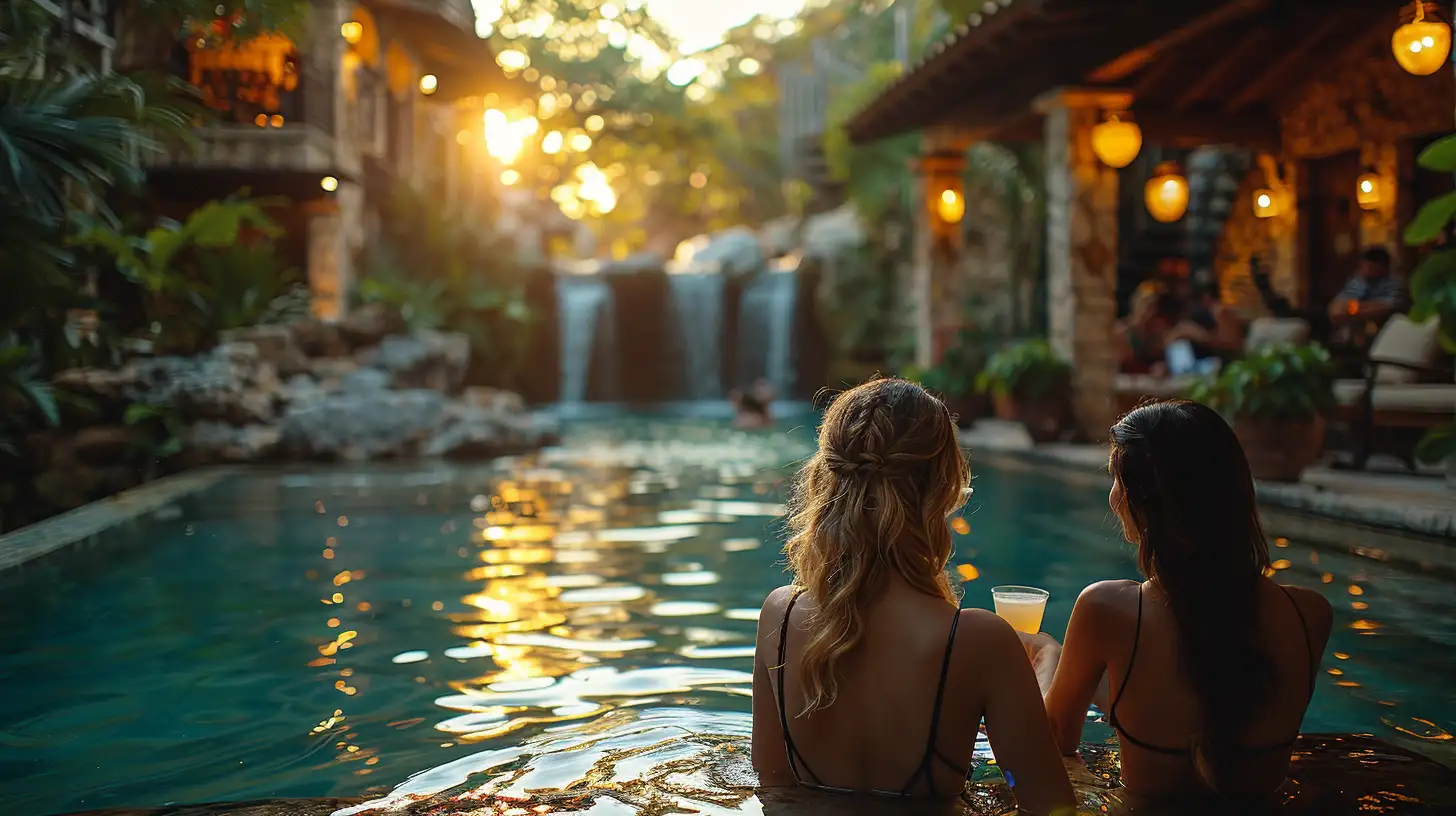 Two people are relaxing in a serene, outdoor pool at sunset, with their backs turned to the camera. They are holding drinks and looking towards a beautiful waterfall in the distance. The surrounding area is lush with tropical plants and warmly lit by ambient lights.