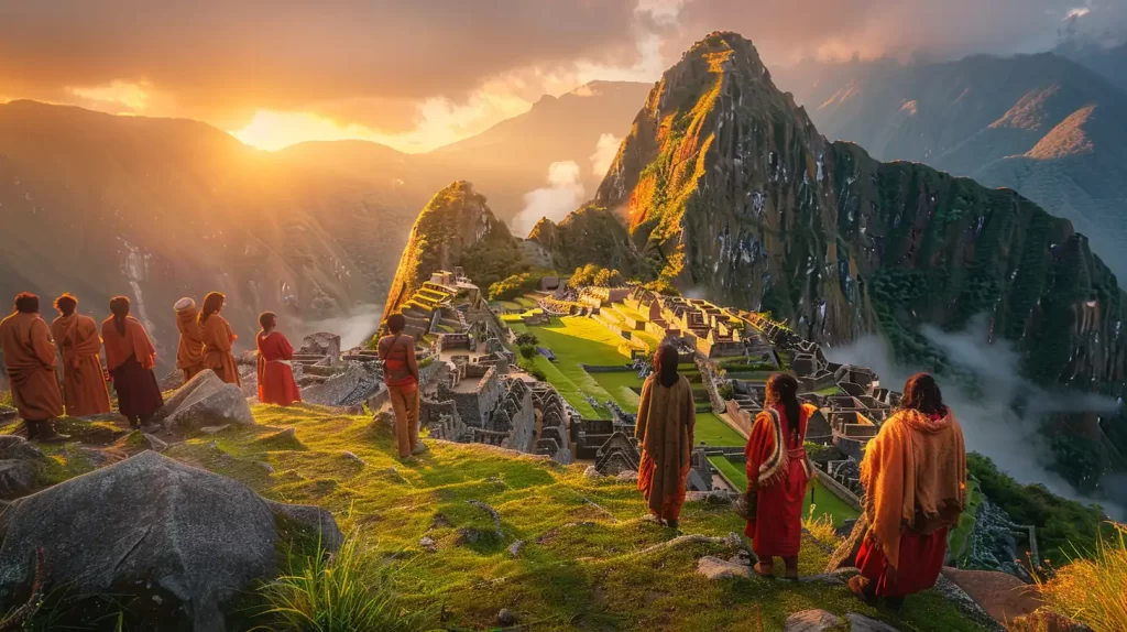 A group of people in traditional clothing stands on a grassy hill overlooking Machu Picchu at sunrise. The ancient ruins are bathed in golden light, with mist and clouds filling the valleys below, and towering mountains in the background.