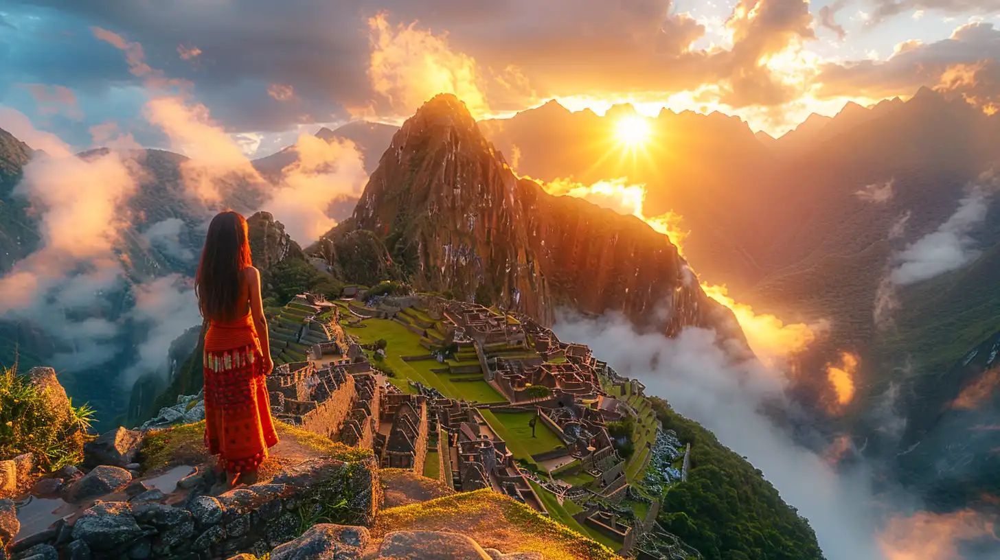 A person in colorful clothing stands on a rocky outcrop, overlooking the ancient ruins of Machu Picchu at sunrise. The sun illuminates the misty mountains and scattered clouds, casting a warm golden light over the historical site and surrounding landscape.