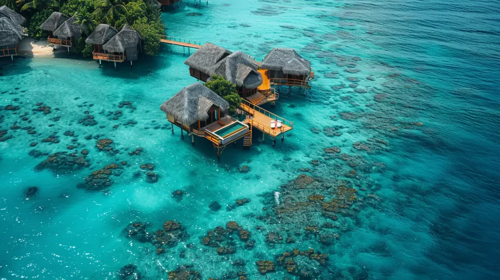 Aerial view of luxurious overwater bungalows with private decks and pools situated in clear turquoise waters. Coral reefs are visible beneath the water's surface, and lush greenery surrounds the accommodations. Wooden walkways connect the bungalows to the shore.