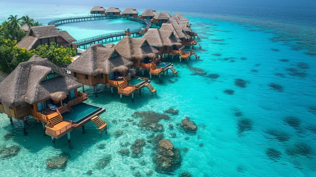 Overwater bungalows with thatched roofs extend over a clear azure ocean, connected by wooden walkways. The water below is turquoise and dotted with coral formations, creating a stunning and serene tropical setting with lush greenery in the background.