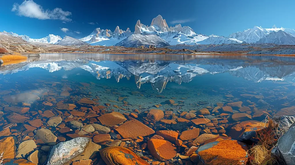 A clear lake reflects snow-capped mountains under a vibrant blue sky. The foreground features submerged rocks in the transparent water, showcasing various earthy tones. The mountains and their reflections create a symmetrical, serene landscape.