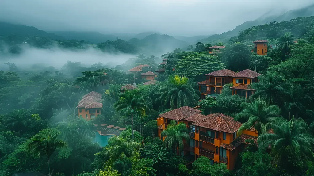 Aerial view of rustic, orange-roofed villas nestled in lush, tropical rainforest. Mist and fog roll through the mountains, creating a serene, mystical atmosphere. A winding path and a swimming pool are partially visible among the dense greenery.