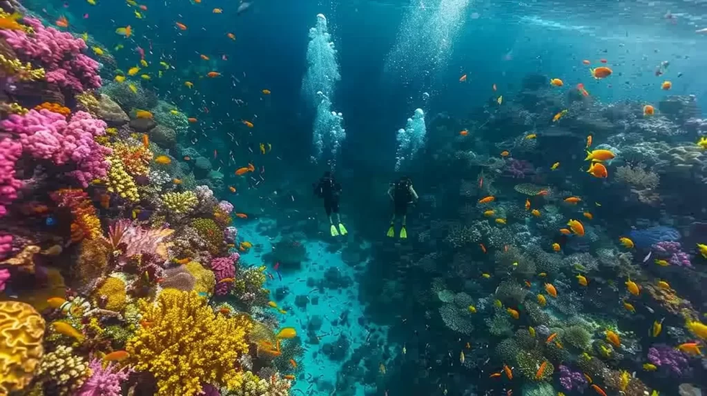 Two divers swim through a vibrant underwater scene filled with colorful coral and numerous orange fish. The clear blue water allows a view of the diverse marine life, creating a picturesque underwater landscape.