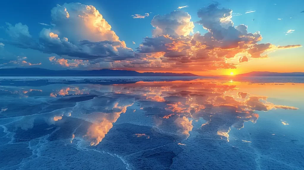 A vibrant sunset over vast salt flats. The sky is filled with dramatic, fluffy clouds, which are vividly mirrored in the still, reflective surface below. The horizon shows a mountain range silhouetted against the colorful sky.