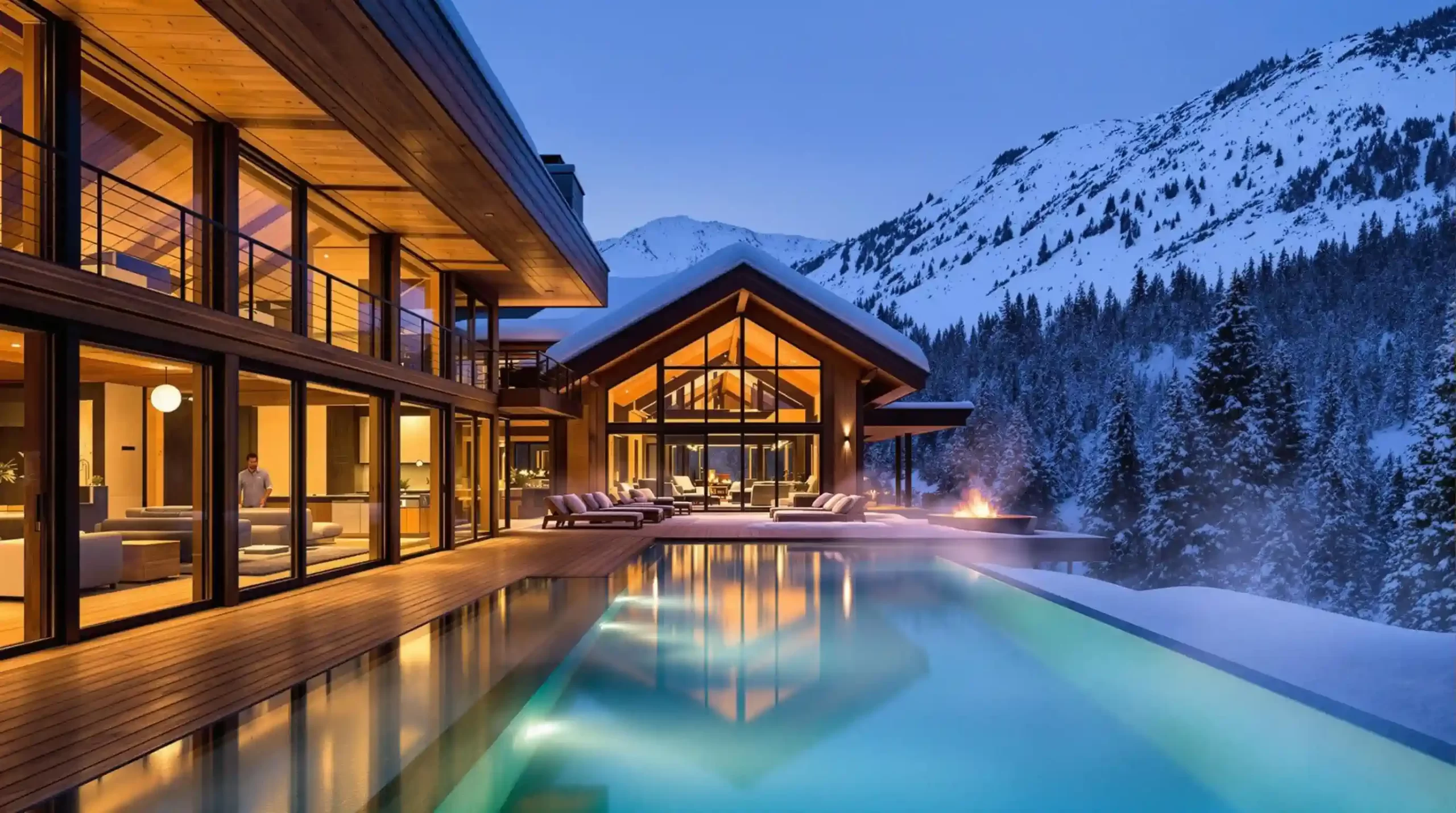 Modern mountain cabin with large windows, wooden exterior, and an illuminated swimming pool. Snow-covered peaks are visible in the background at dusk.