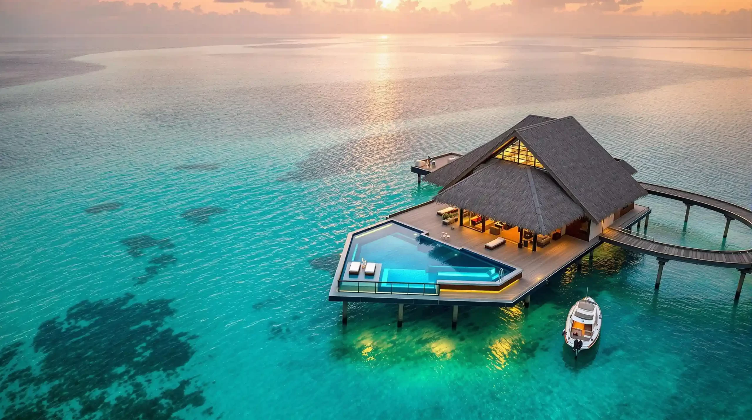 A luxury overwater villa with a pool surrounded by clear turquoise ocean waters at sunset. A small boat is docked nearby.