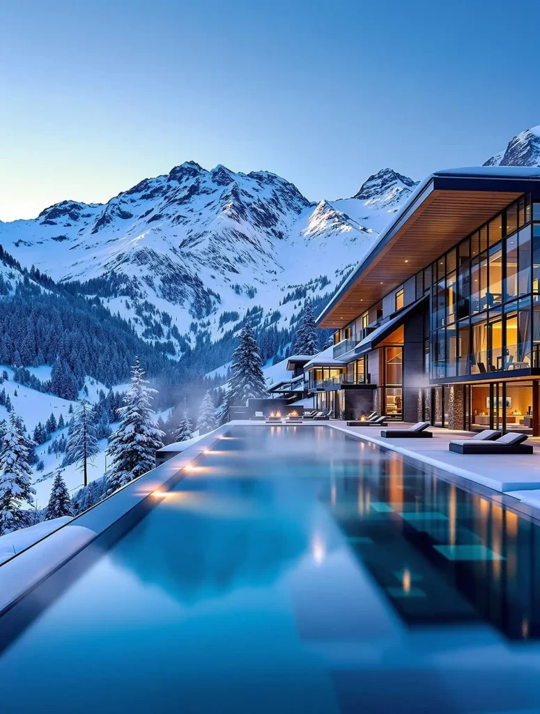 Modern mountain resort with an infinity pool overlooking snow-covered peaks and forests at dusk, offering exclusive vacation experiences that redefine high-end travel.