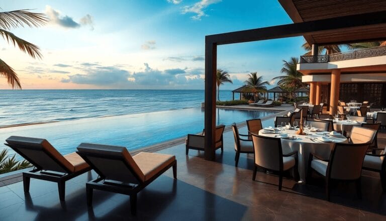 A luxurious resort with ocean views, plush lounge chairs, a beautifully set dining area, and a sparkling infinity pool surrounded by lush tropical ...