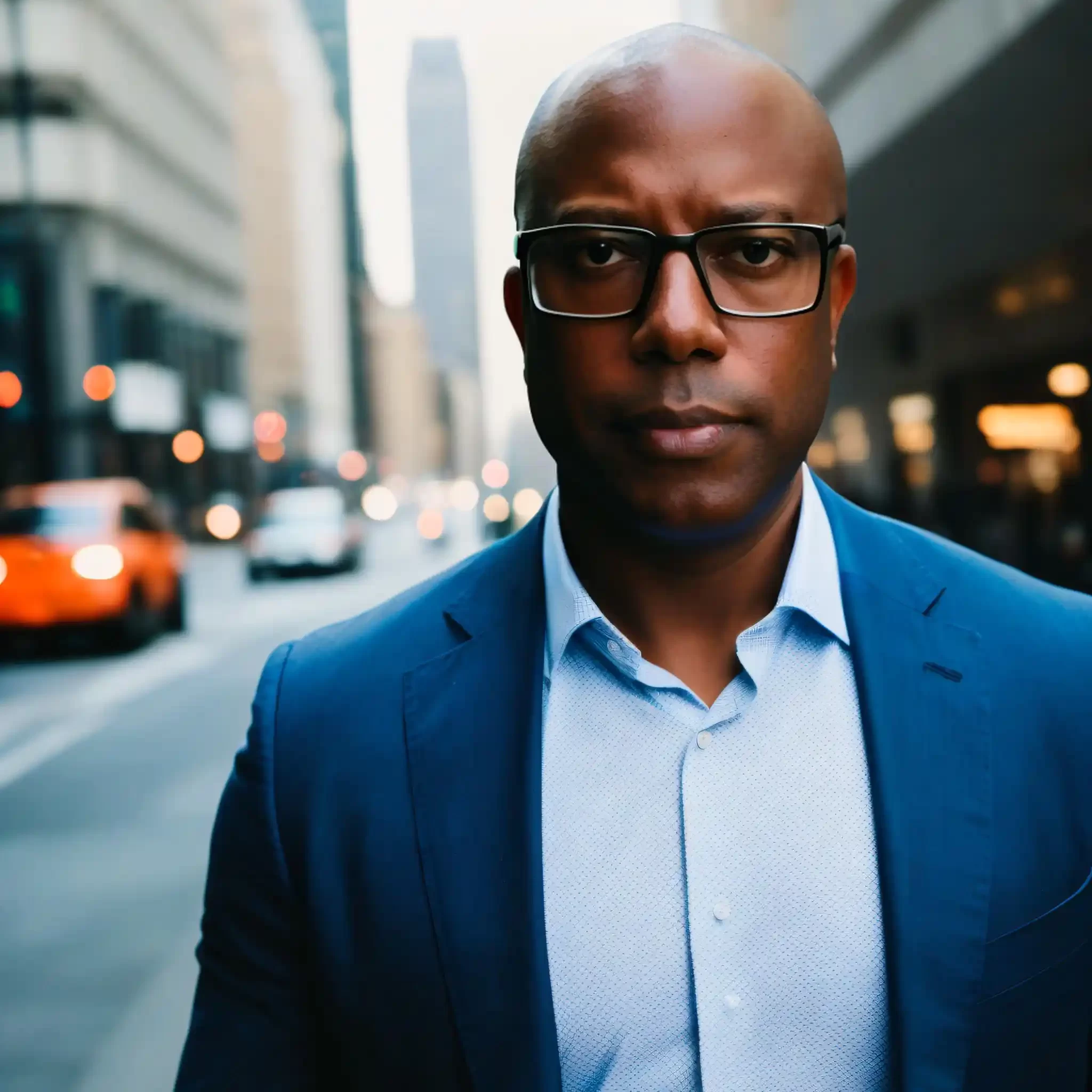 Charles Evans, a black man in glasses, standing on a city street.