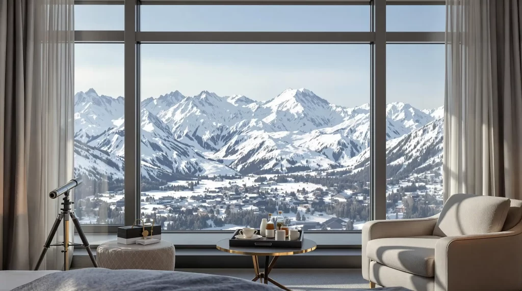 A large window offers a luxurious view of snowy mountains and a charming town. In the foreground, a cozy room epitomizes luxury travel with its telescope, coffee table laden with beverages, and plush armchair—an inviting retreat for the discerning traveler.