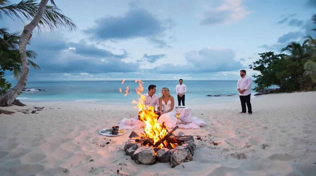 A couple enjoys a beach bonfire, surrounded by sand and palm trees under a cloudy sky at dusk. In the backdrop of this luxury travel escape, two people stand quietly.