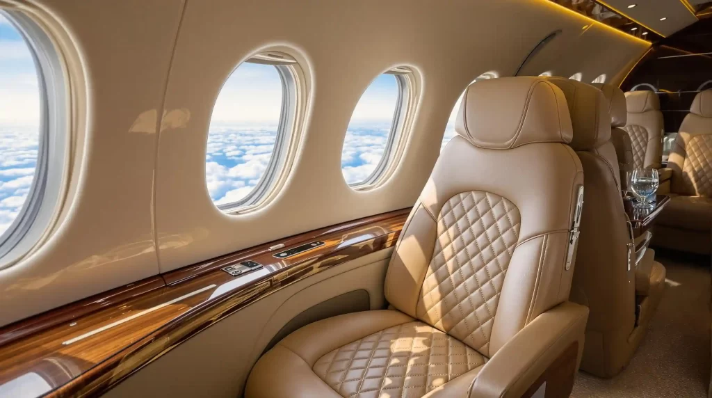 Experience the ultimate in luxury travel aboard this aircraft, featuring beige leather seats and polished wooden accents. Large windows frame breathtaking cloud vistas, while a tray elegantly holds fine glasses. Worth every cost for those who value unparalleled comfort in the skies.