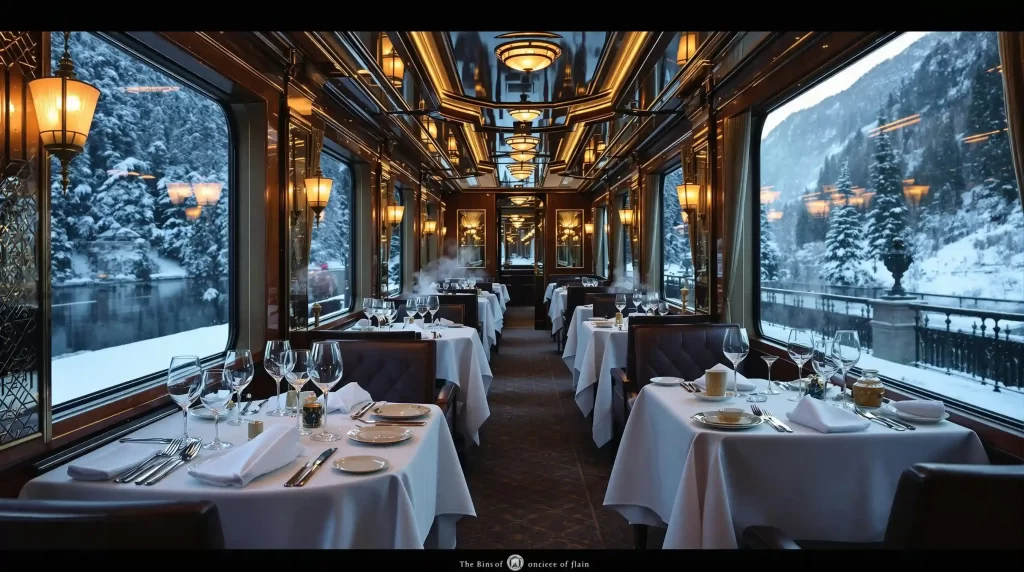 Indulge in the epitome of luxury travel, where a splendid train dining car boasts elegant table settings and the enchantment of large windows revealing a snowy winter landscape.