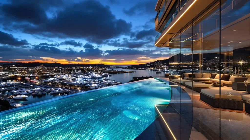 Indulge in luxury travel as you relax by the infinity pool, overlooking a stunning marina and cityscape at sunset. The modern glass building and illuminated outdoor seating area enhance this exquisite experience, making it worth every cost.