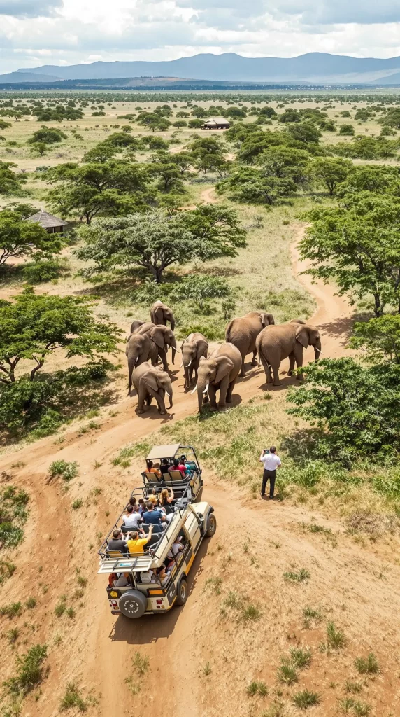 A group of elephants strolls along a dirt path in the savanna, offering an unforgettable travel experience. Nearby, people in an open safari jeep observe closely, one standing beside the vehicle. Mountains and clouds frame this serene scene of luxury travel.