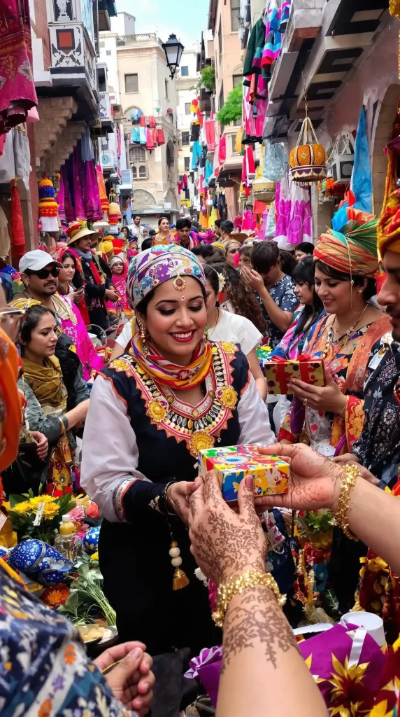 A festive street scene comes alive with people in vibrant, traditional clothing, surrounded by colorful decorations. As they exchange decorated boxes, it feels like a curated moment from a luxury travel guide, capturing the essence of authentic travel experiences.