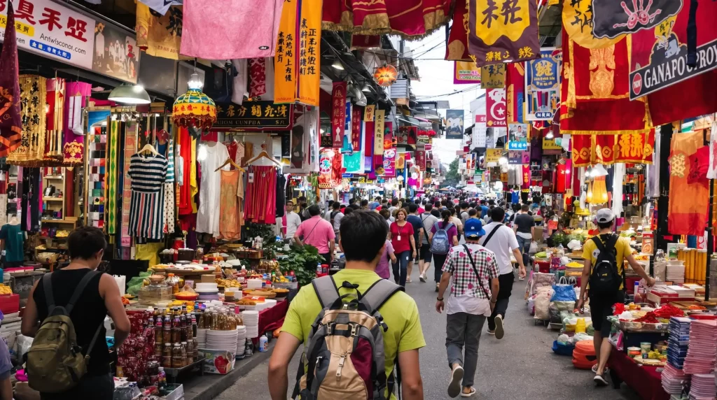 A bustling market street with colorful banners and hanging textiles offers a glimpse into everyday life, where travelers of all kinds—those indulging in luxury travel and others on standard travel—wander among stalls brimming with clothing, delectable foods, and unique goods.