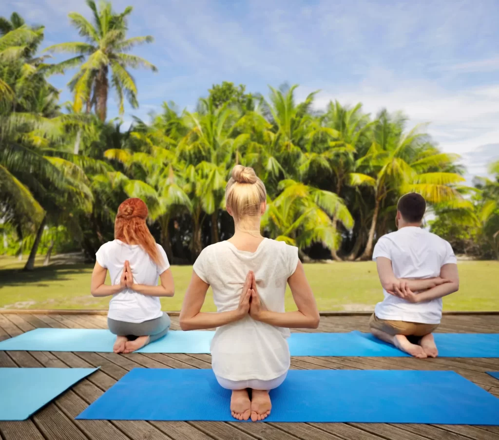 Three people seated on yoga mats outdoors in a tranquil yoga pose, embracing the serenity of palm trees and grass—a scene reminiscent of luxury wellness retreats.